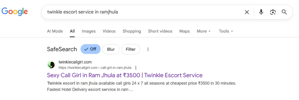 screenshot result keyword type on google 'twinkle escort service in ramjhula'